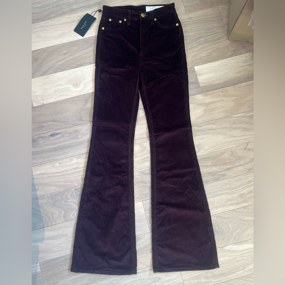 NWT rag & bone Burgundy High Waist Corduroy Flare Pants size 24 - Picture 2 of 8